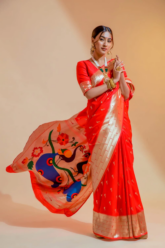 Ambikam Handwoven Red Paithani Saree with Zari Work