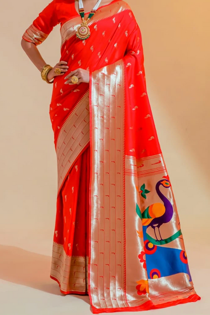 Ambikam Handwoven Red Paithani Saree with Zari Work