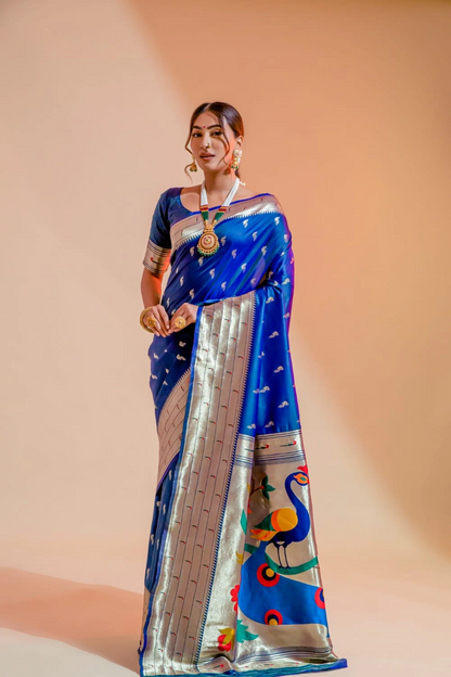 Ambikam Handwoven Royal Blue Paithani Saree with Zari Work