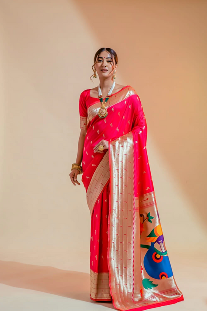 Ambikam Handwoven Hot Pink Paithani Saree with Zari Work