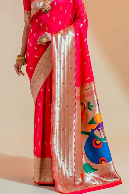 Ambikam Handwoven Hot Pink Paithani Saree with Zari Work