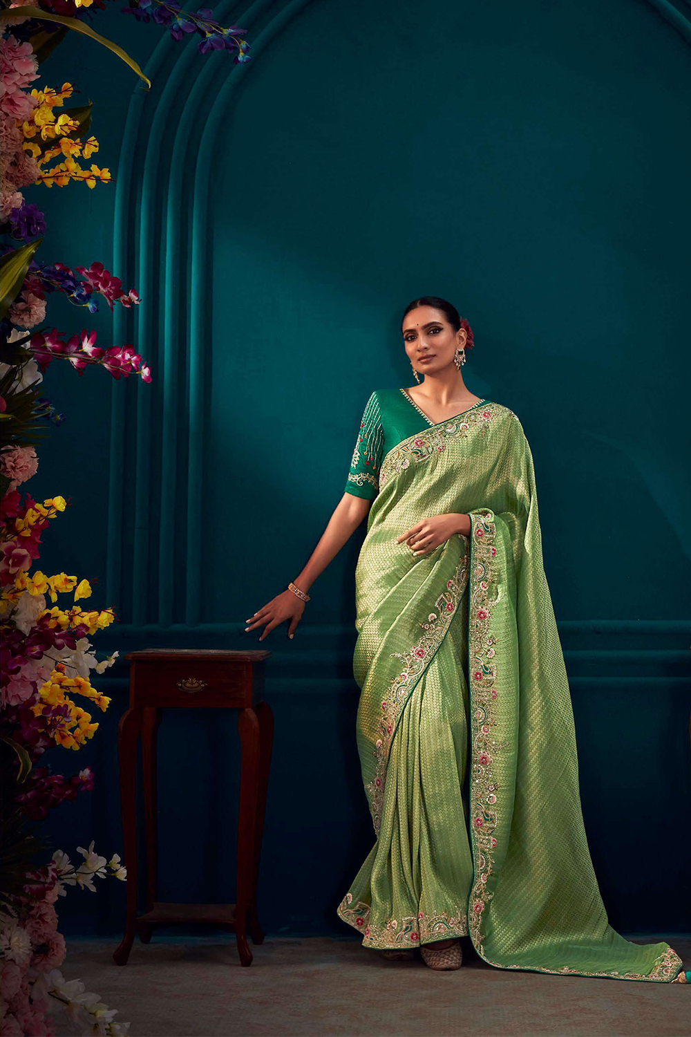 Pista Green Designer Silk Saree with Latest Designer Blouse