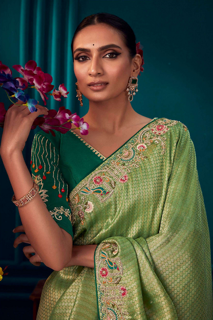 Pista Green Designer Silk Saree with Latest Designer Blouse