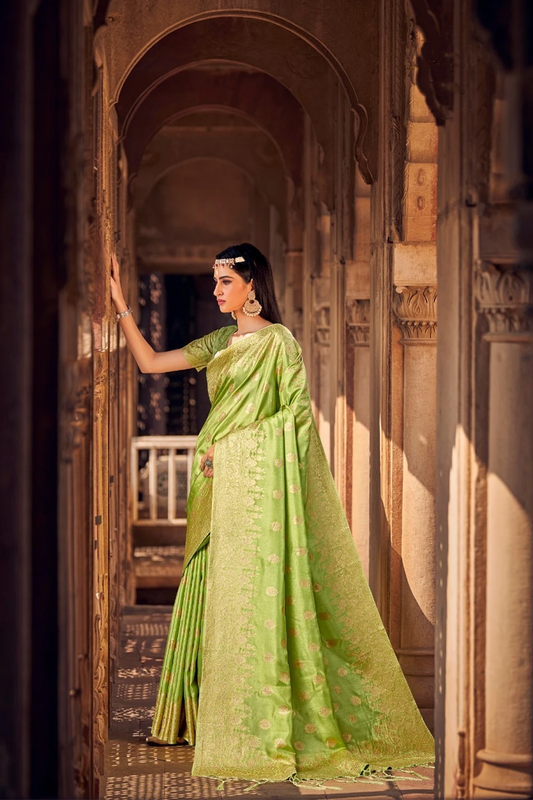 Ambikam Pista Green Designer Silk Woven Saree with Heavy Border and Blouse