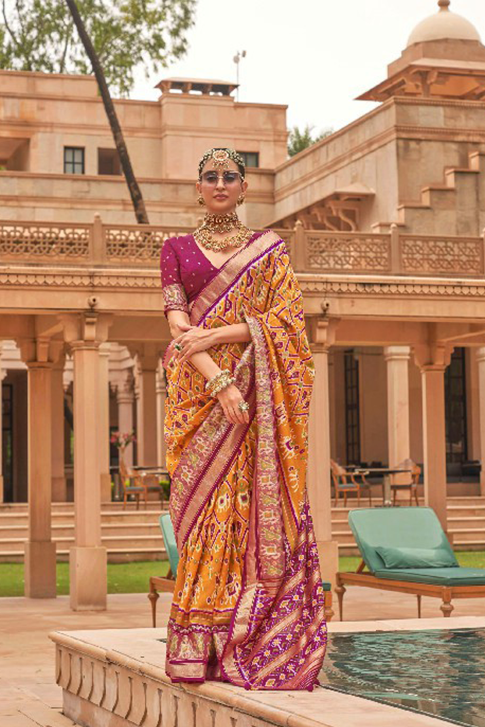 Ambikam Mustard Yellow Patola Soft Silk Saree with Blouse