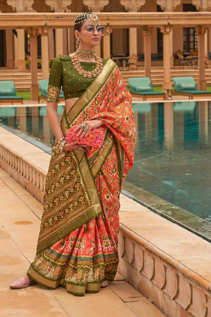 Ambikam Orange Soft Patola Silk Saree with Blouse