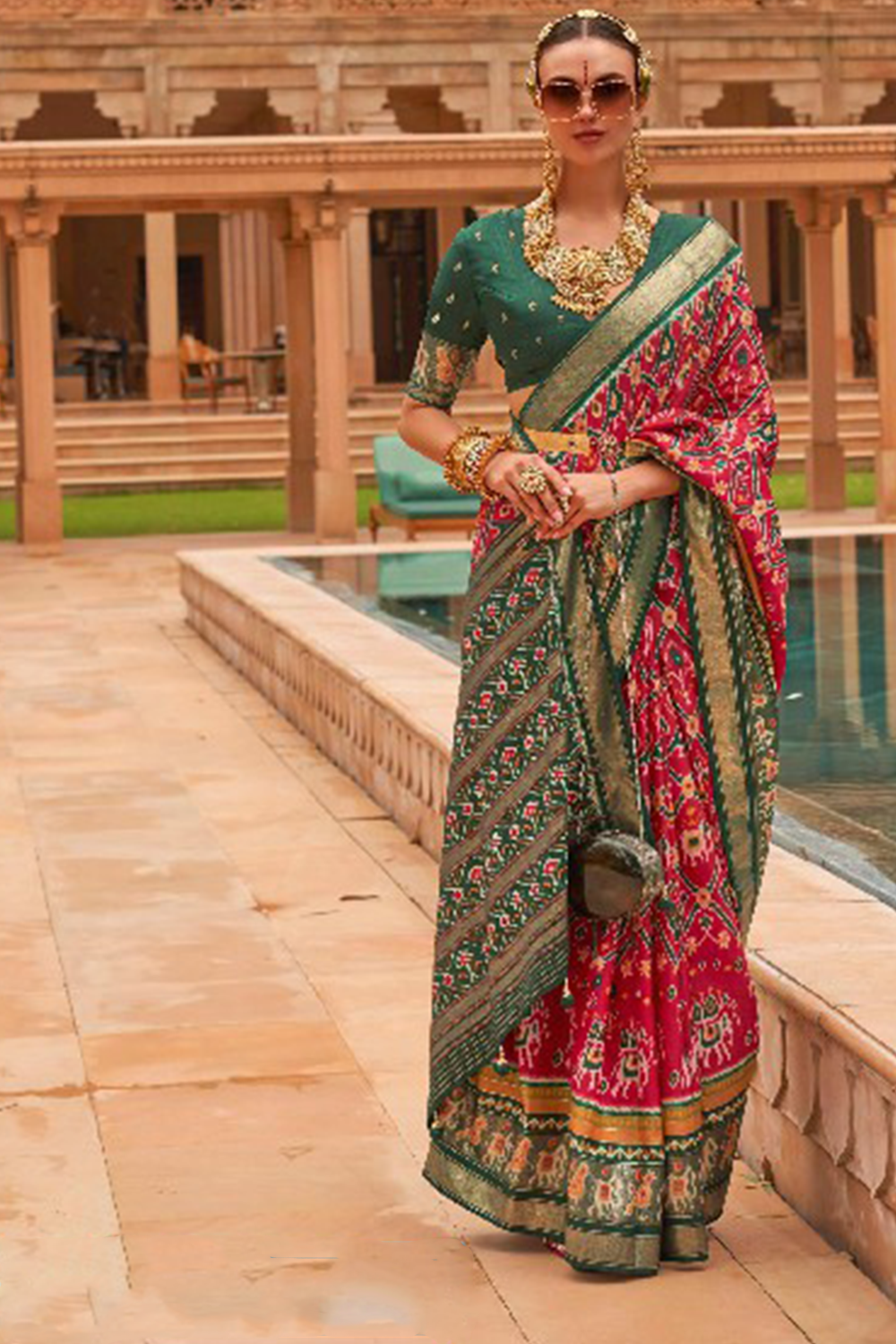 Ambikam Red & Green Soft Patola Silk Saree with Blouse