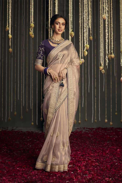 Rose Gold Designer Silk Saree with latest Designer Blouse