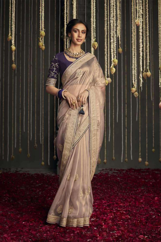 Rose Gold Designer Silk Saree with latest Designer Blouse