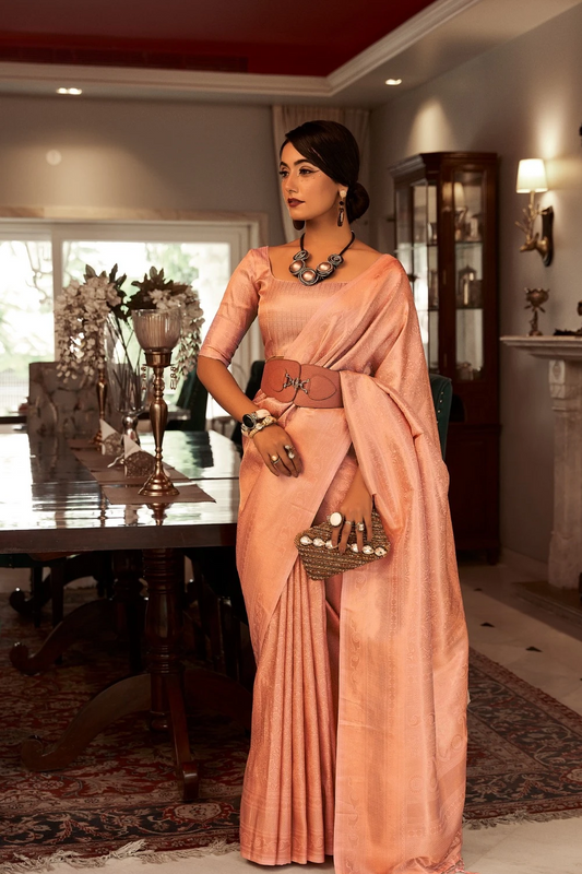 Ambikam Peach Designer Satin Silk Woven Saree with Blouse