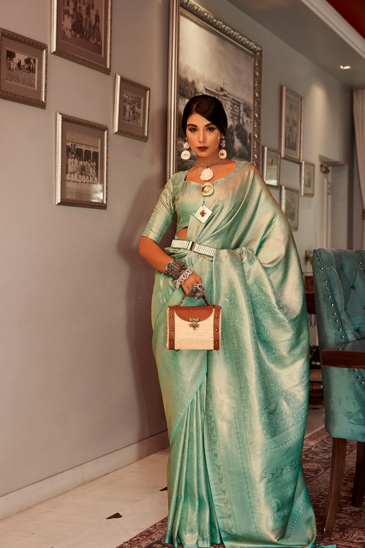 Ambikam Sea Green Designer Satin Silk Woven Saree with Blouse