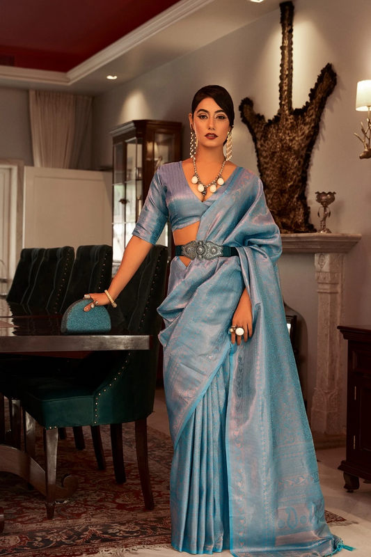 Ambikam Sky Blue Designer Satin Silk Woven Saree with Blouse