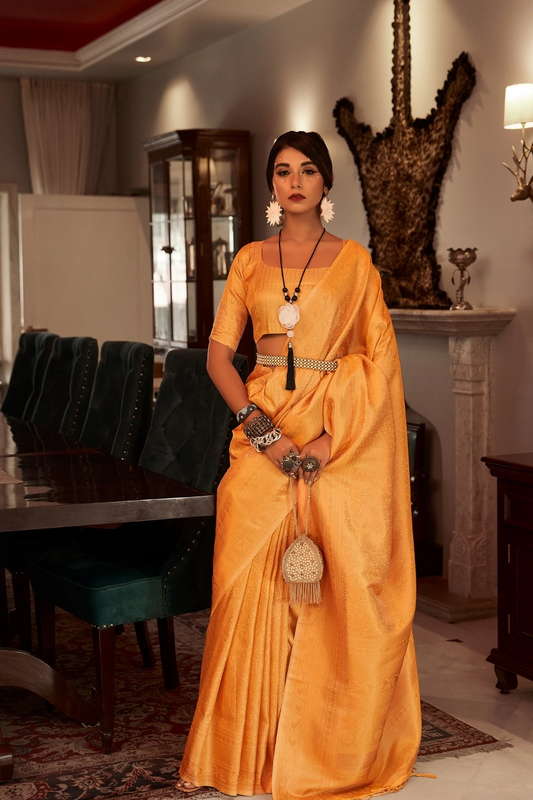 Ambikam Yellow Designer Satin Silk Woven Saree with Blouse