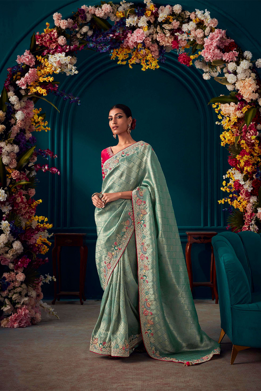 Sea Green Designer Silk Saree with Latest Designer Blouse