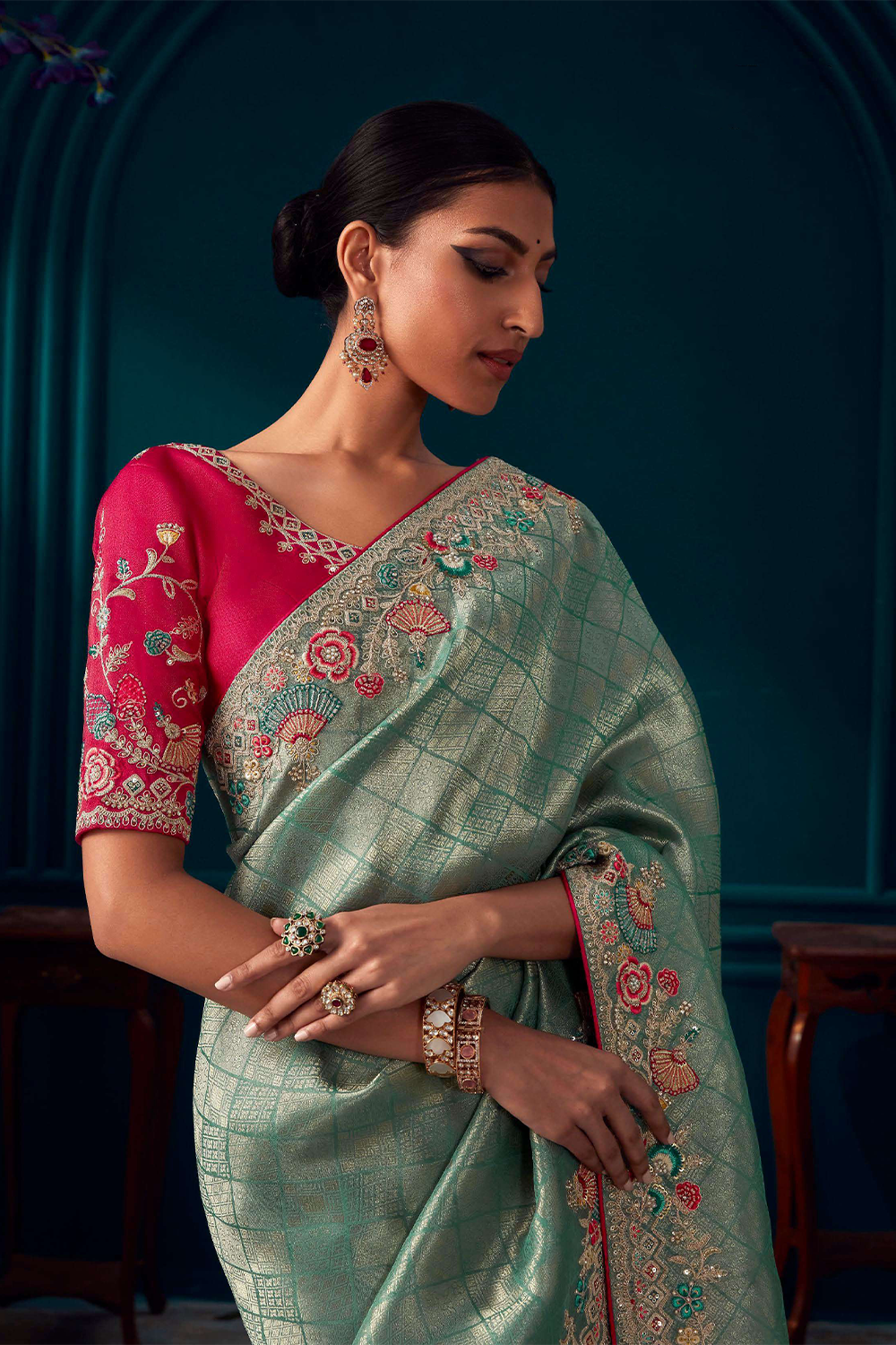 Sea Green Designer Silk Saree with Latest Designer Blouse