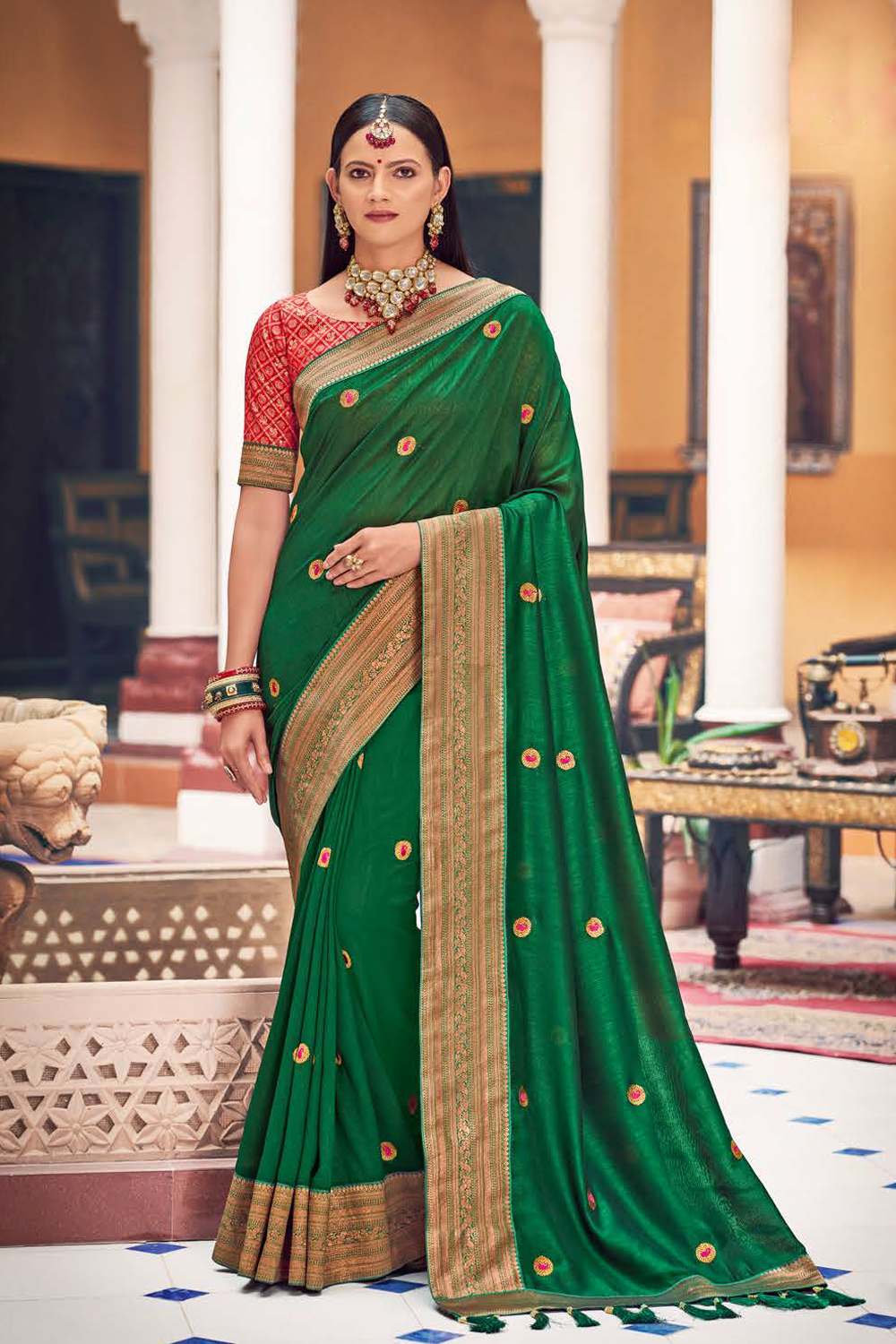 Vichitra Silk Green Saree with Banarasi Border and Latest Banarasi Designer Blouse