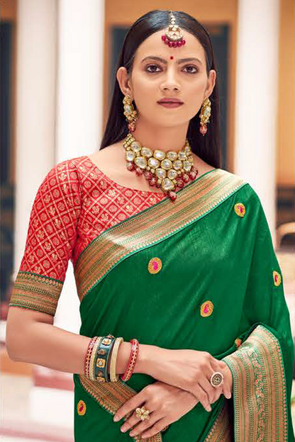 Vichitra Silk Green Saree with Banarasi Border and Latest Banarasi Designer Blouse