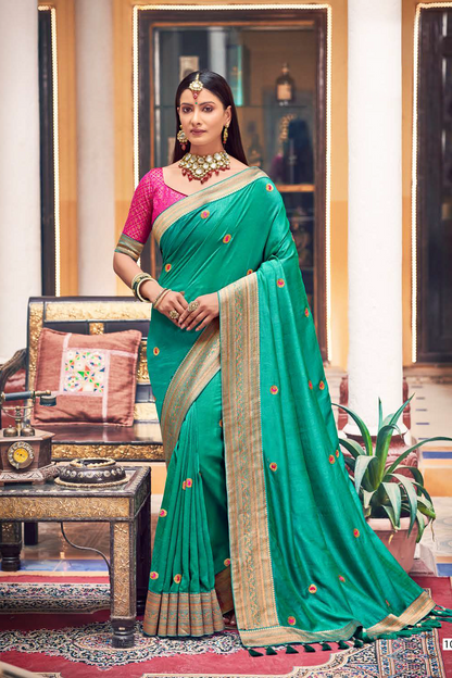 Vichitra Silk Jade Green Saree with Banarasi Border and Latest Banarasi Designer Blouse