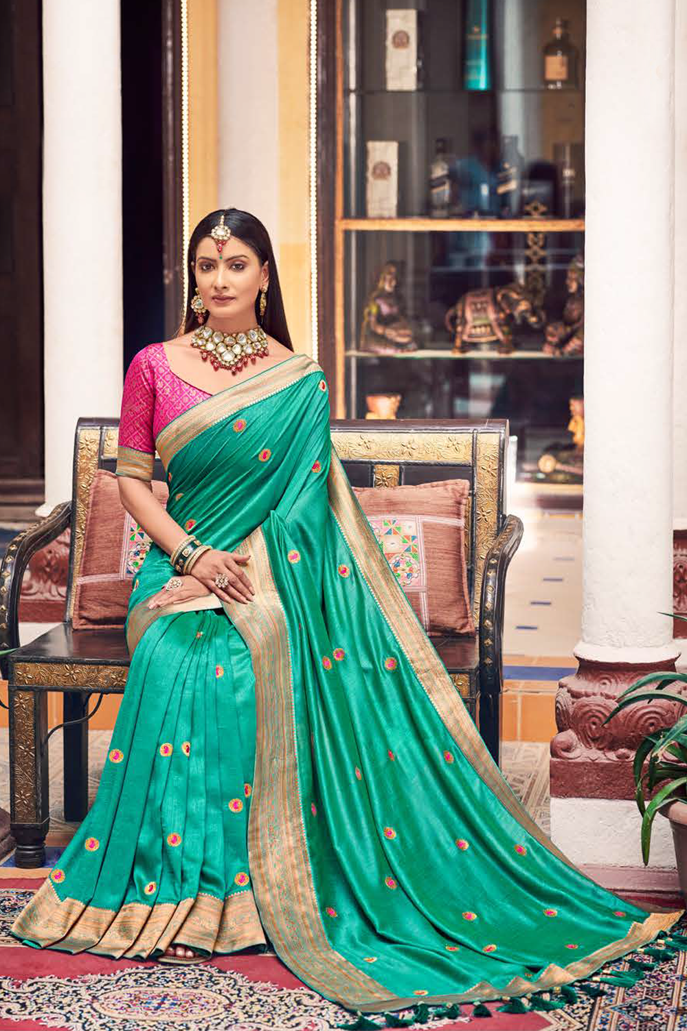 Vichitra Silk Jade Green Saree with Banarasi Border and Latest Banarasi Designer Blouse