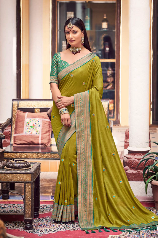 Vichitra Silk Metallic Green Saree with Banarasi Border and Latest Banarasi Designer Blouse