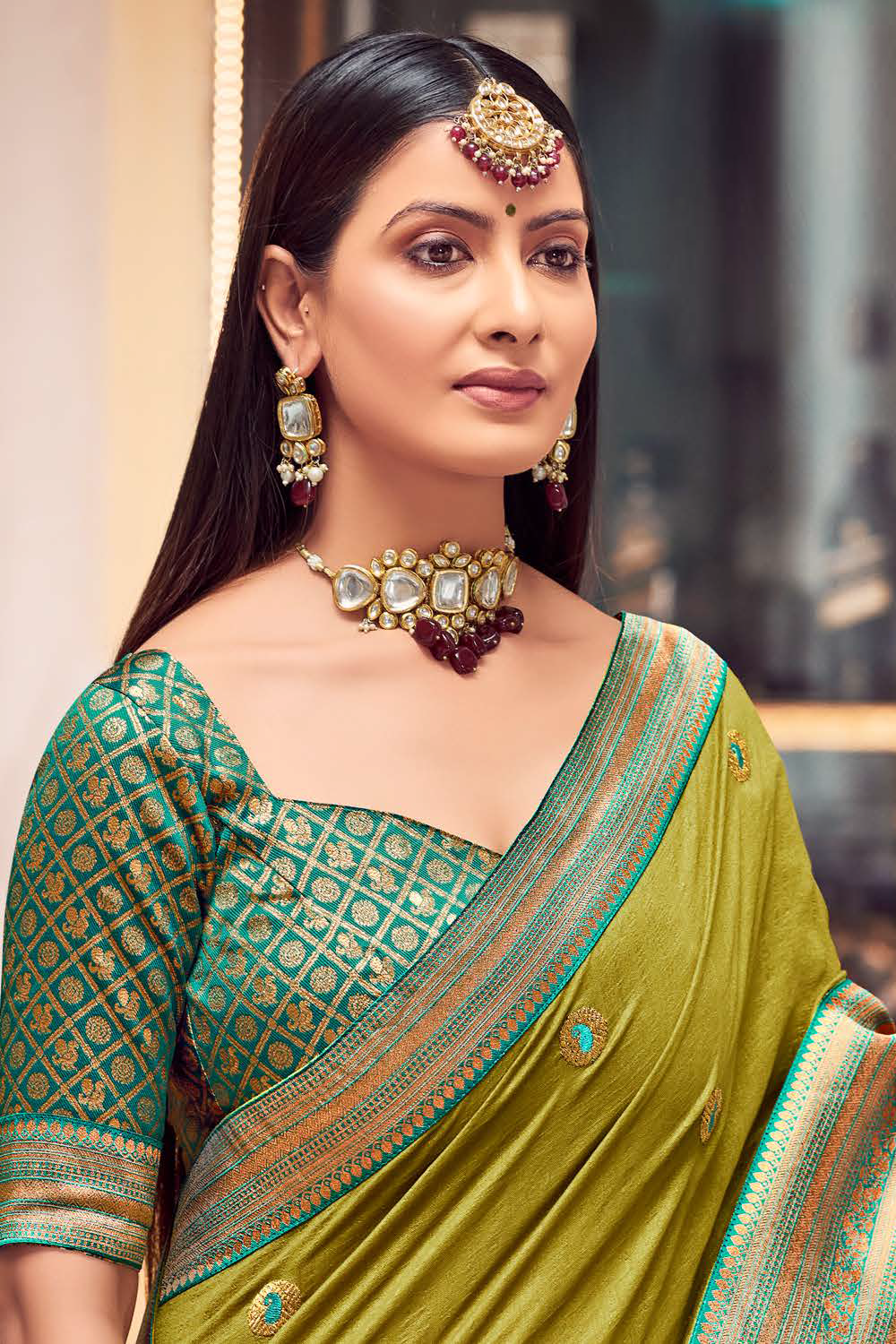 Vichitra Silk Metallic Green Saree with Banarasi Border and Latest Banarasi Designer Blouse