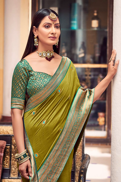 Vichitra Silk Metallic Green Saree with Banarasi Border and Latest Banarasi Designer Blouse