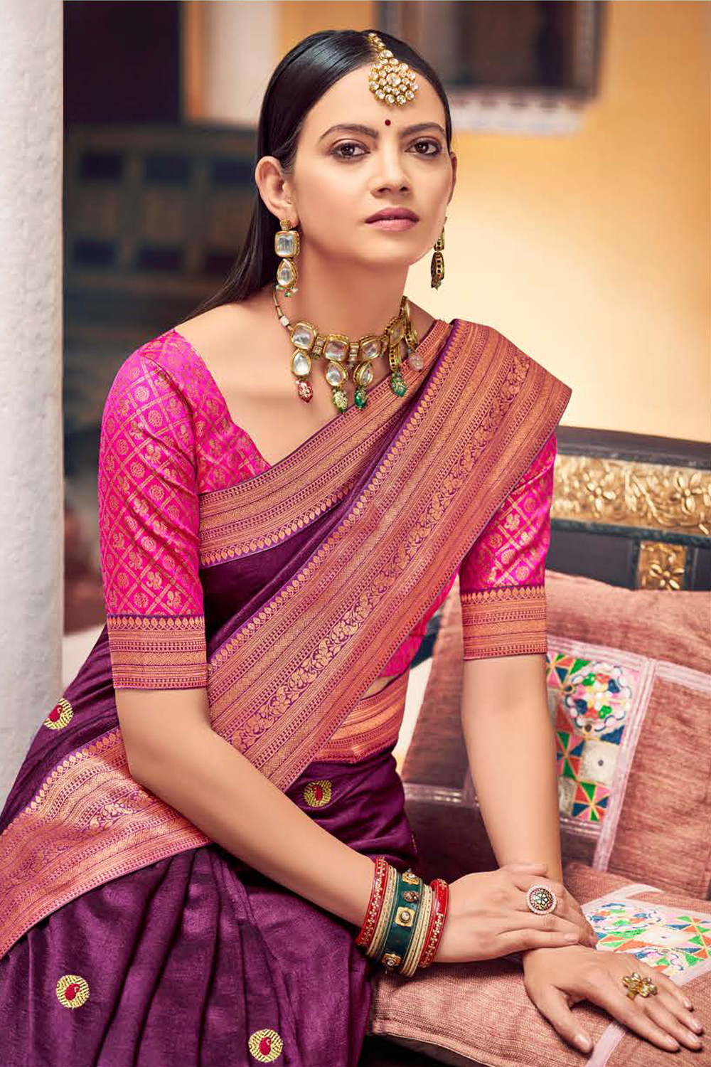 Vichitra Silk Metallic Wine Saree with Banarasi Border and Latest Banarasi Designer Blouse