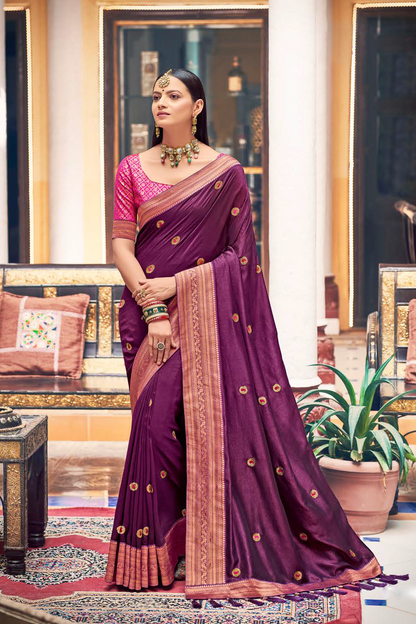 Vichitra Silk Metallic Wine Saree with Banarasi Border and Latest Banarasi Designer Blouse