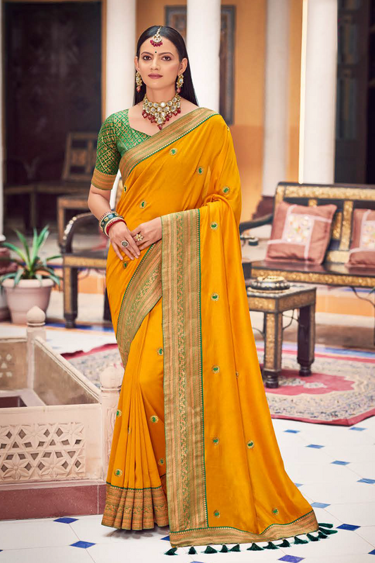 Vichitra Silk Mustard Yellow saree with Banarasi Border and Latest Banarasi Designer Blouse