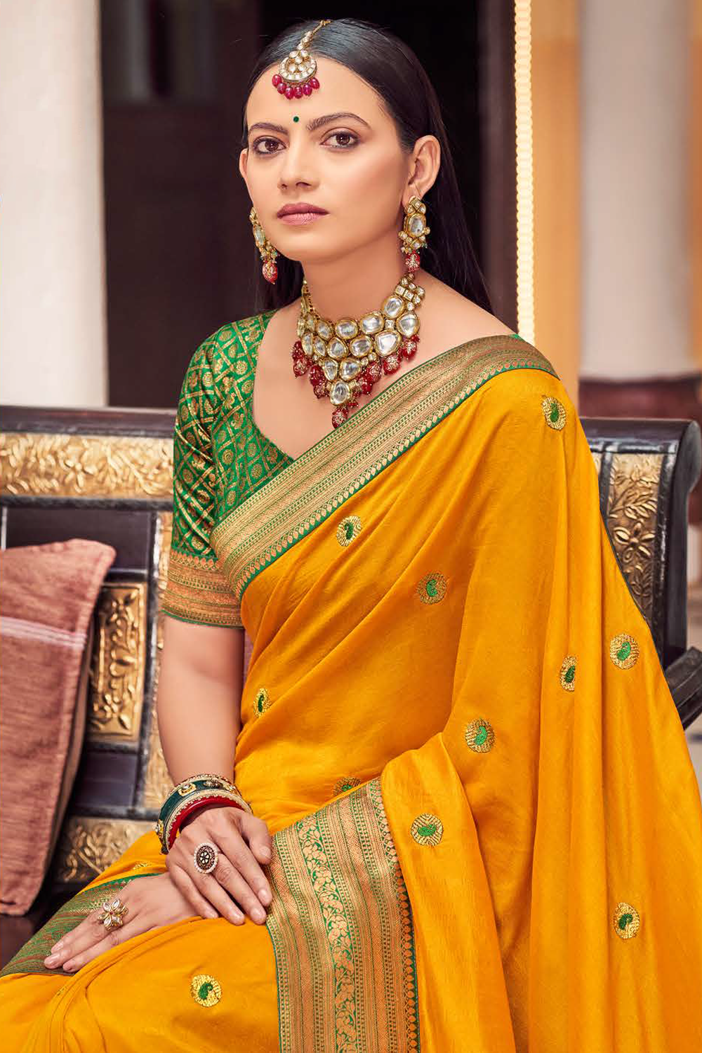 Vichitra Silk Mustard Yellow saree with Banarasi Border and Latest Banarasi Designer Blouse