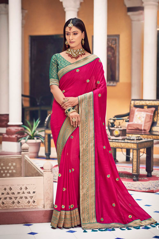 Vichitra Silk Red saree with Banarasi Border and Latest Banarasi Designer Blouse