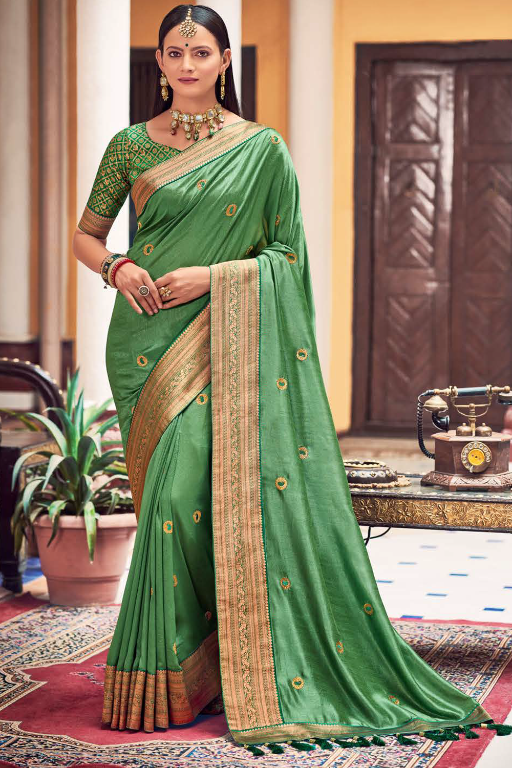 Vichitra Silk Shamrock Green Saree with Banarasi Border and Latest Banarasi Designer Blouse