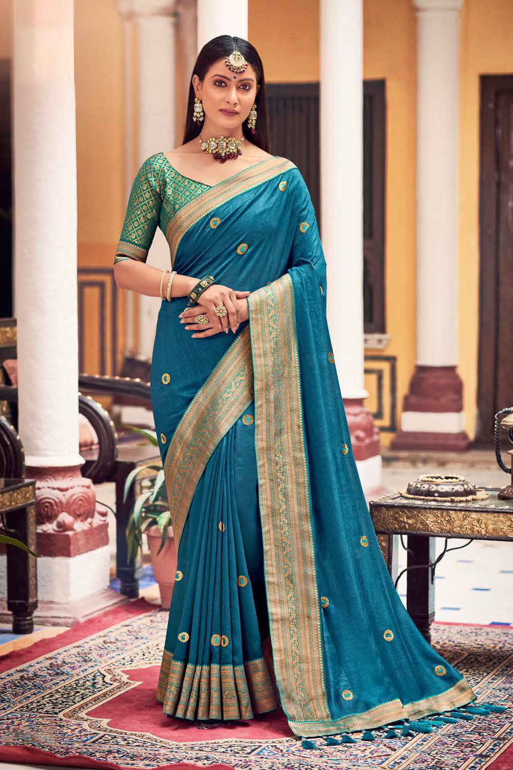 Georgette Teal Blue Saree with Banarasi Golden Border