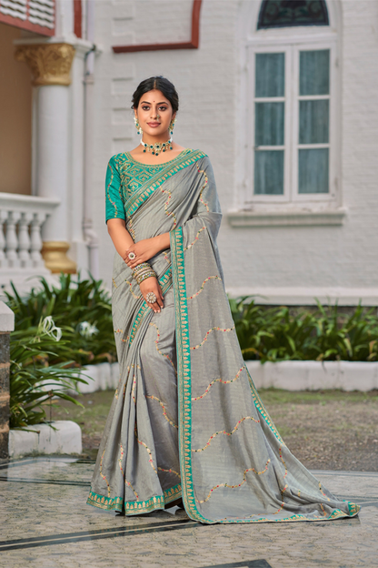 Bold Cyan Grey Saree with Designer Border